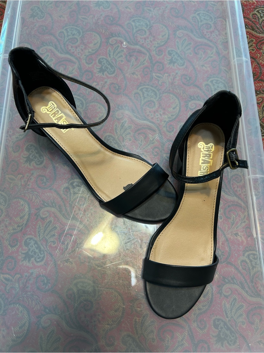 Brash Black Ankle-Strap Open-Toe Heels. Size 6.5